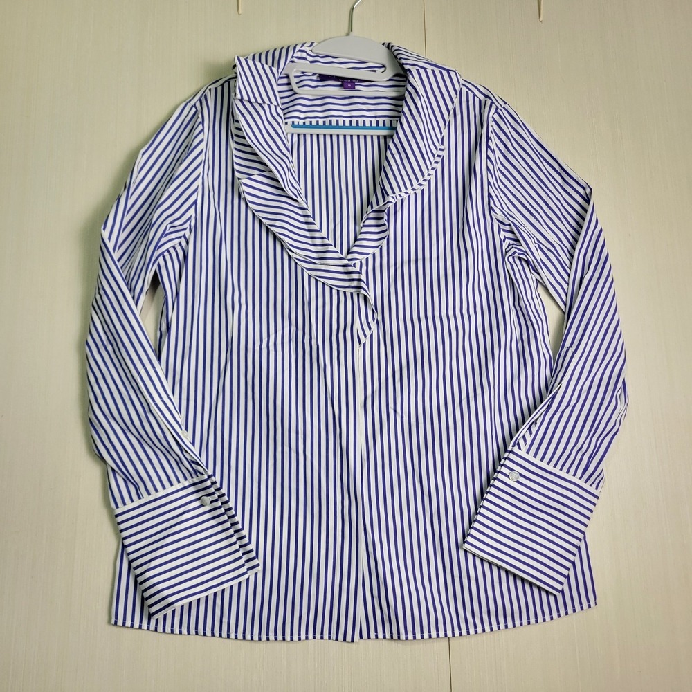 Ralph Lauren Purple Label Annora Striped Ruffle Neck Blouse 10 French‎ Cuff $990